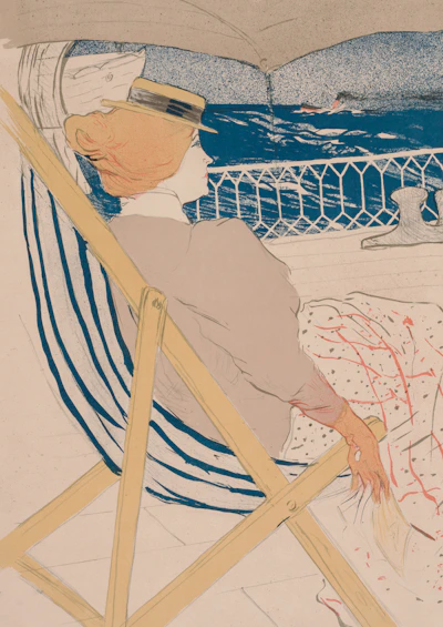 A stylish woman on a cruise deck wearing a flowing sundress and sunhat, with the ocean and ship rail in the background.