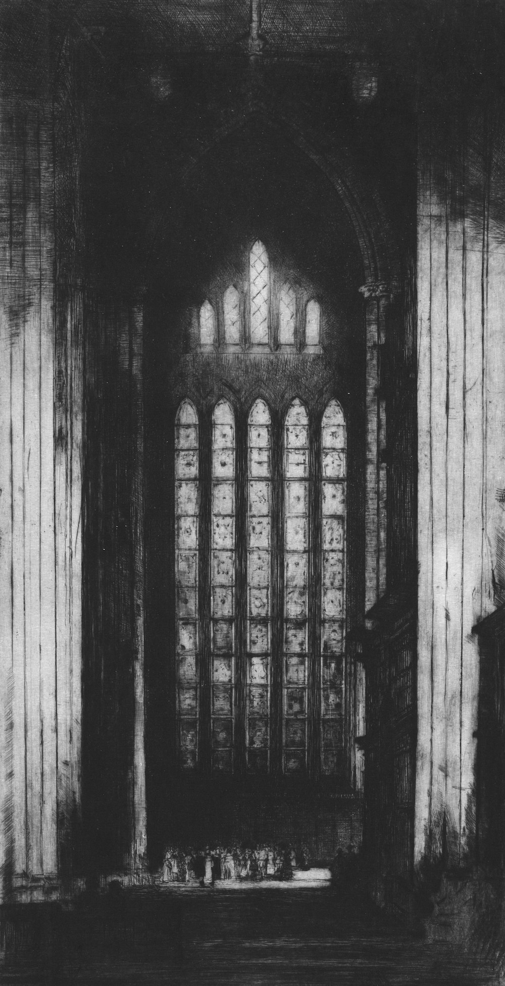 a black and white photo of a church door