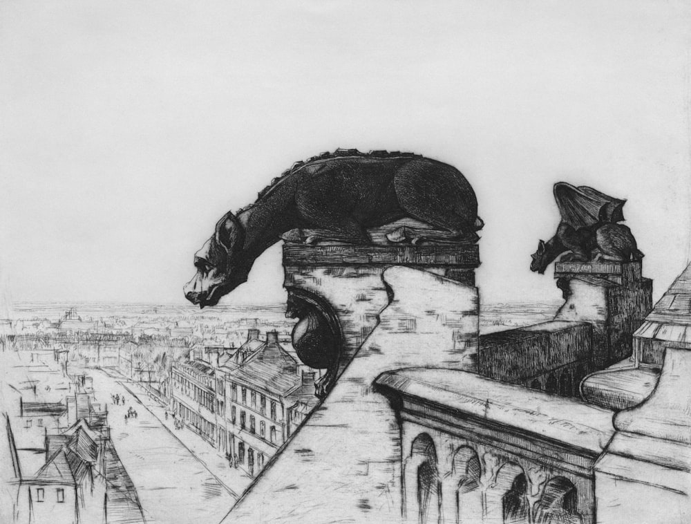 a drawing of a cat on top of a building