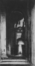 A solemn procession of robed figures beneath towering cathedral arches, bathed in muted twilight.