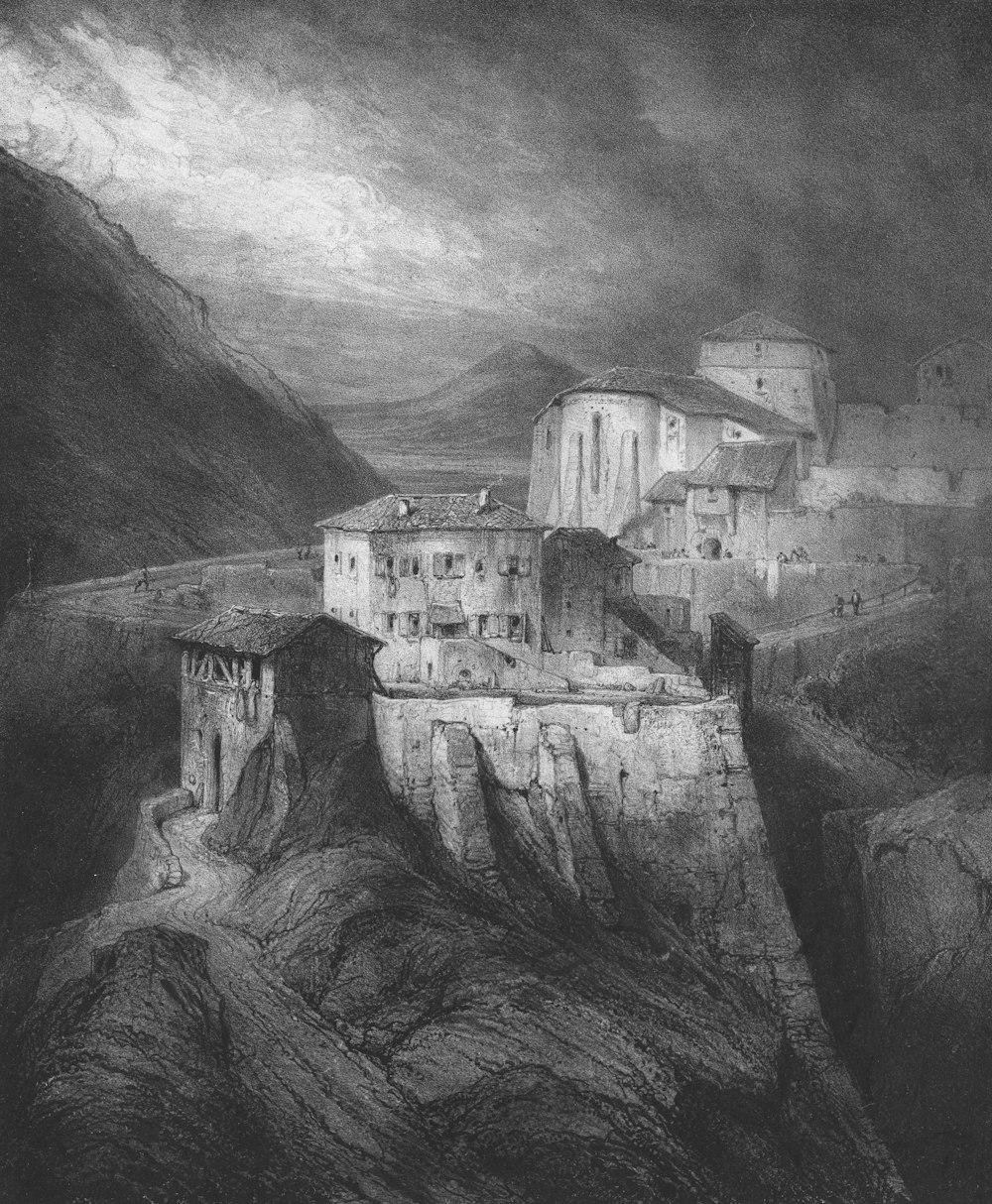 a black and white drawing of a castle on a cliff