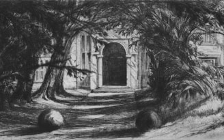 A black and white drawing depicting an arched entrance of a building surrounded by trees. Shadows from the trees fall over the ground creating a dramatic effect. Two spherical objects are placed near the trees in the foreground.
