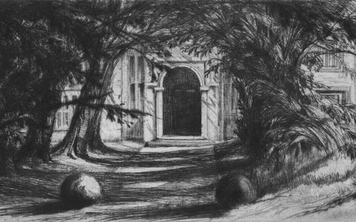 A black and white drawing depicting an arched entrance of a building surrounded by trees. Shadows from the trees fall over the ground creating a dramatic effect. Two spherical objects are placed near the trees in the foreground.