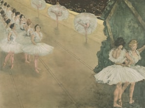A group of ballerinas in white tutus, standing and practicing on a wooden stage. Some are performing a leg lift in the center while others are lined up, observing. The scene is serene and captures the elegance of ballet dancers.
