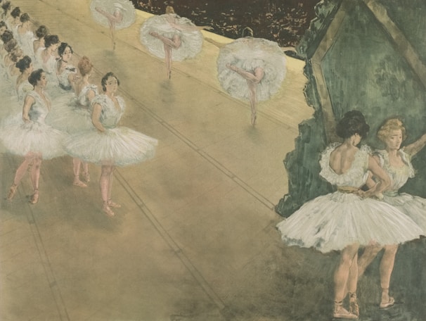 A group of ballerinas in white tutus, standing and practicing on a wooden stage. Some are performing a leg lift in the center while others are lined up, observing. The scene is serene and captures the elegance of ballet dancers.