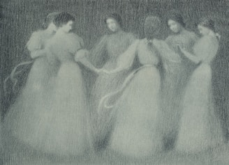 a drawing of a group of women in dresses