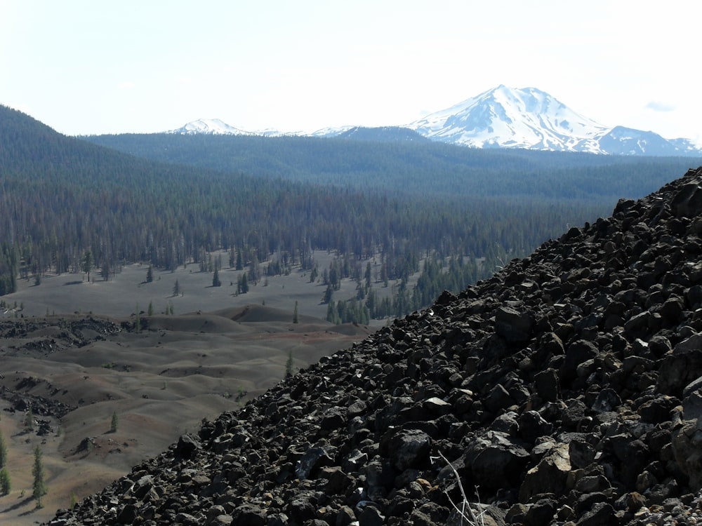 a view of a mountain range with trees and rocks