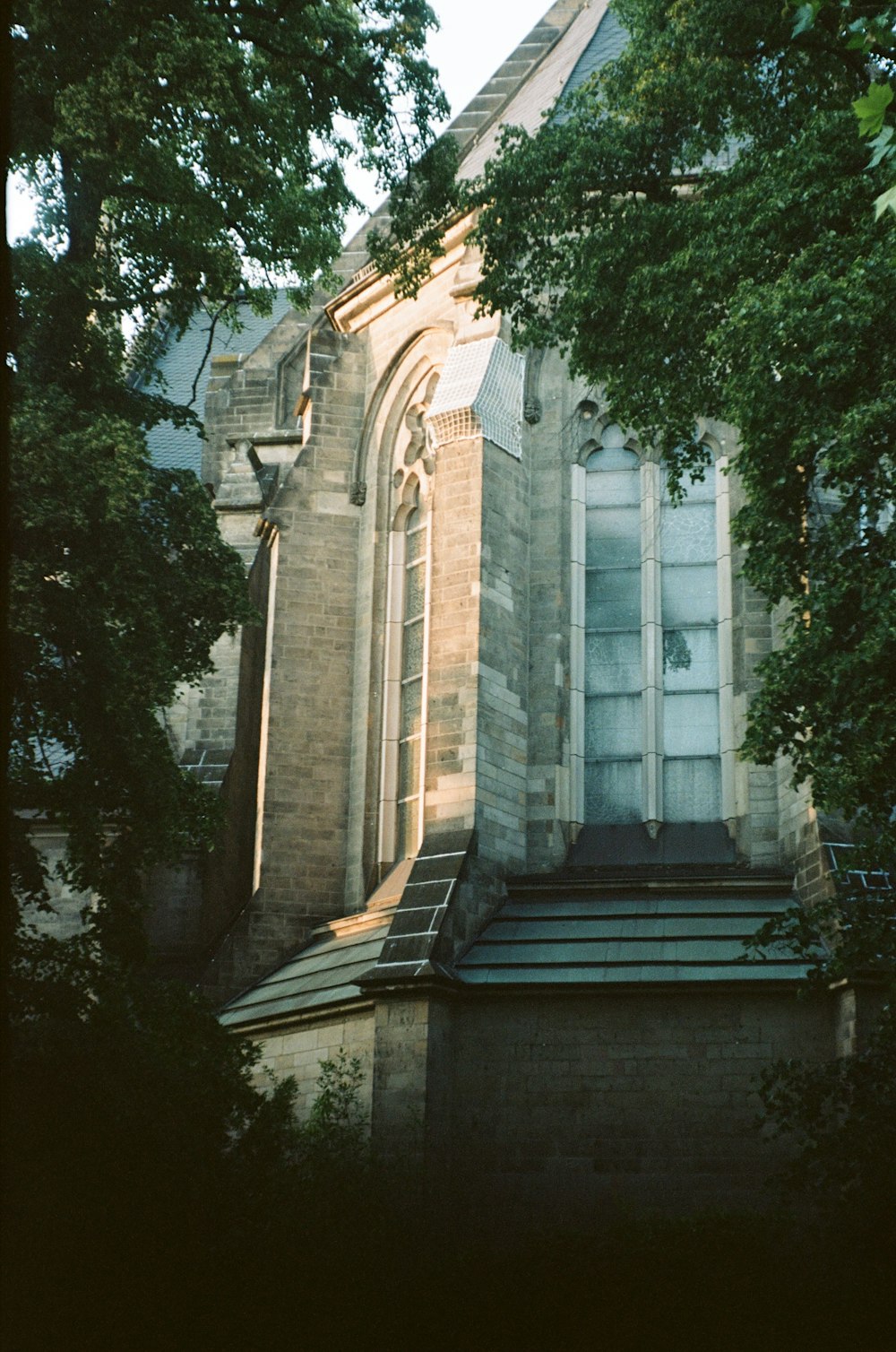 a church with a steeple surrounded by trees