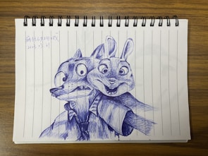 A detailed pen drawing on lined paper depicts a fox and a rabbit dressed in shirts and ties. The expressions are exaggerated and lively. The drawing is done entirely in blue ink and occupies the center of the page. In the corner, there's a handwritten date and some text.