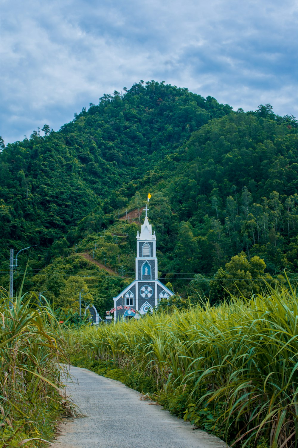 uma igreja no meio de uma floresta verde exuberante