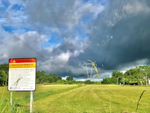 A warning sign stands in a grassy field with power lines stretching across the sky, framed by dense green foliage. Dark storm clouds loom overhead, contrasting with patches of blue sky.