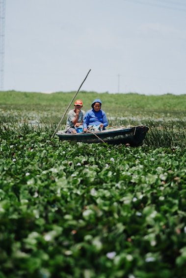 two people in a small boat in a field