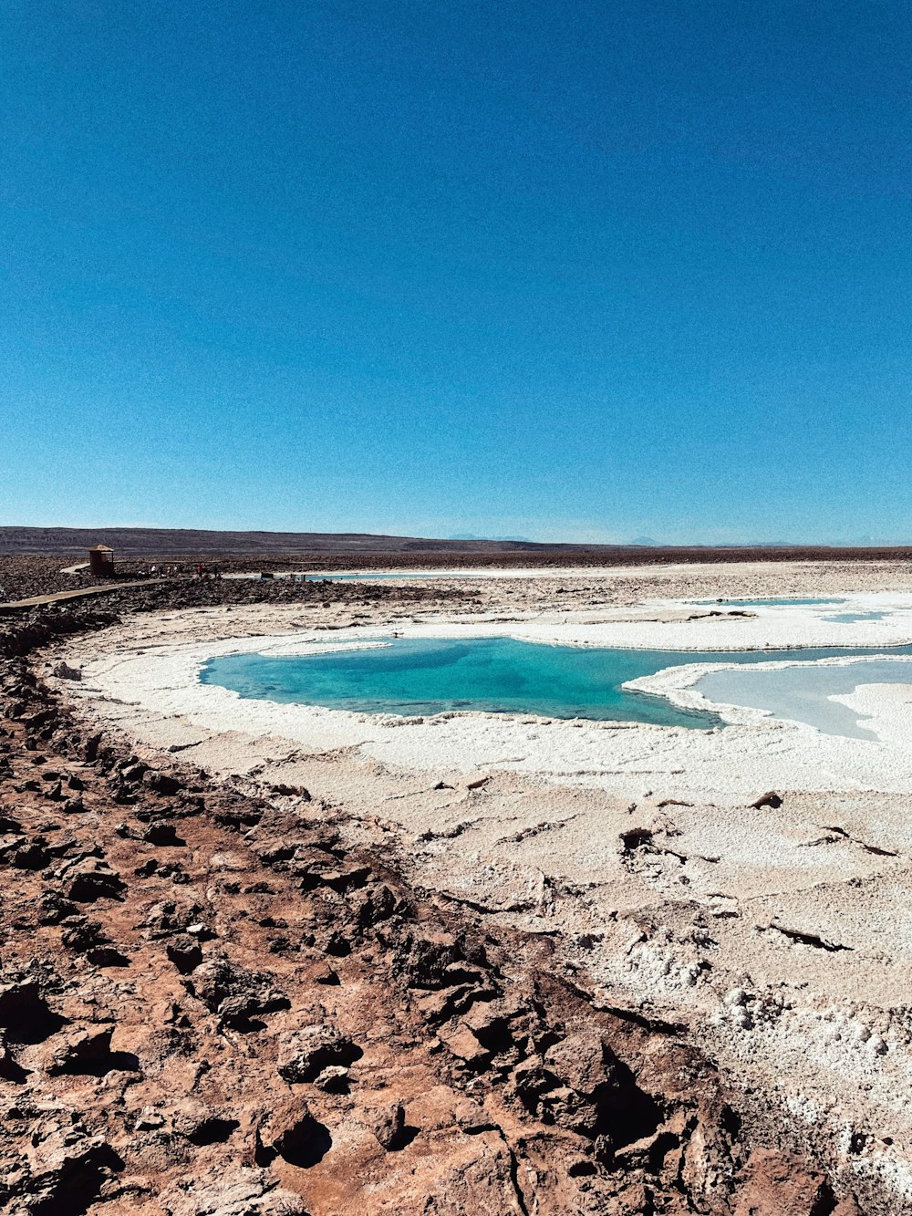 a body of water surrounded by rocks and dirt