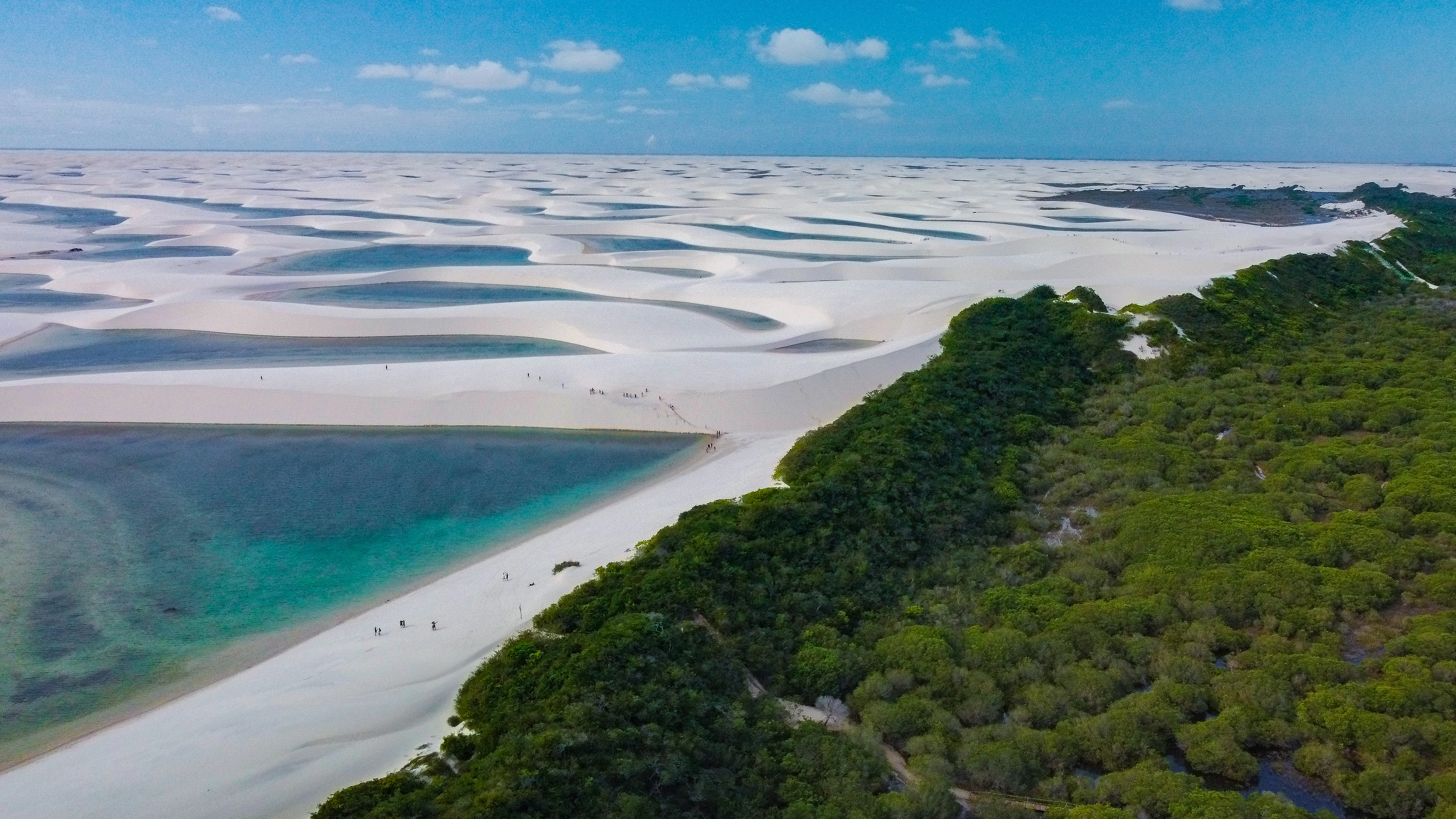 Vaizdas iš viršaus į baltas kopas su lietaus vandens lagūnomis ir žalią mišką jų pakraštyje, Lençóis Maranhenses nacionalinis parkas, Brazilija