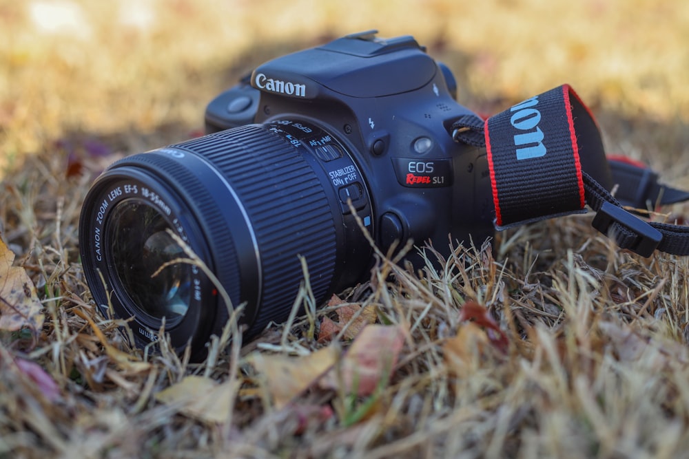 a camera sitting in the grass with a lens attached to it