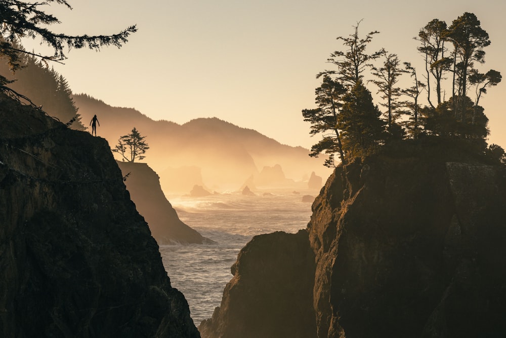 a person standing on top of a cliff near the ocean