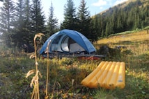 A blue tent is set up in a grassy area surrounded by tall pine trees and rolling hills. In the foreground, there is a yellow inflatable sleeping pad. Sunlight filters through the trees, casting soft light on the camping setup, creating a peaceful outdoor atmosphere.