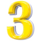 A large, glossy yellow number three with reflective highlights, casting a slight shadow on a white background. The number has a 3D appearance, giving it depth and dimension.