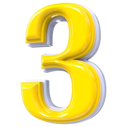A large, glossy yellow number three with reflective highlights, casting a slight shadow on a white background. The number has a 3D appearance, giving it depth and dimension.