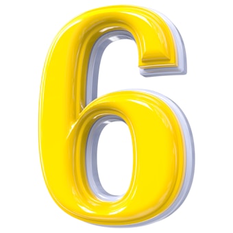 A shiny, three-dimensional number six with a vibrant yellow color and a reflective sheen on its surface, outlined with a silver-gray outline creating a shadow effect.
