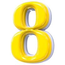 A shiny, three-dimensional yellow number eight with a glossy finish and white highlights, standing against a plain white background.