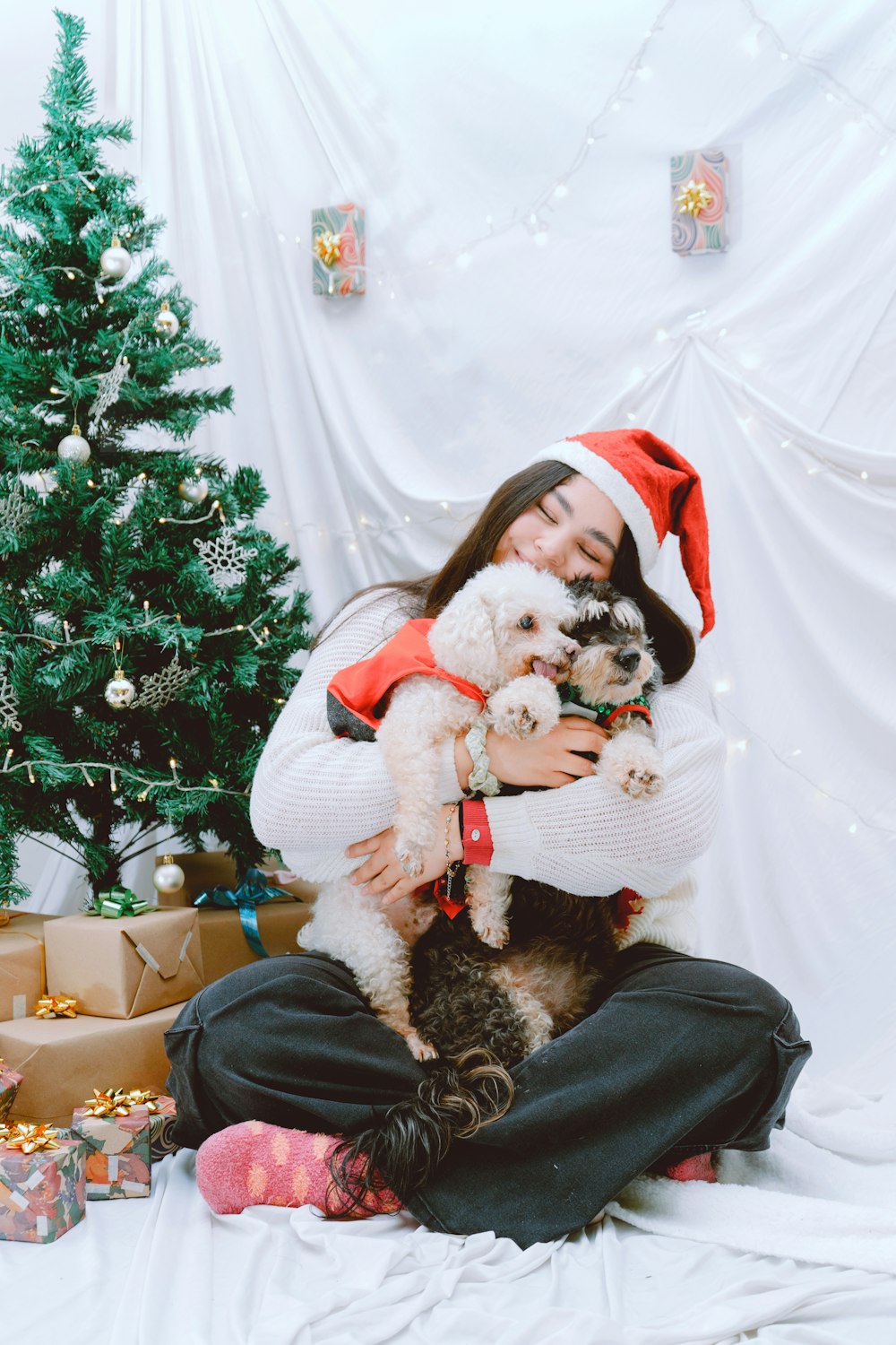 a woman in a santa hat holding two dogs