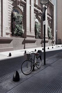 A vintage bicycle is parked against a lamp post on a quiet urban street. The background features a classic building with arched windows, adorned with lush green wall plants. The street is lined with evenly spaced, black bollards and has a tiled pavement.
