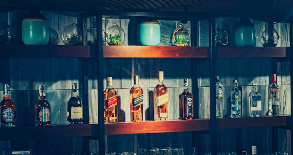 A rustic wooden shelf displaying bottles of colorful northeastern Indian craft liquors.