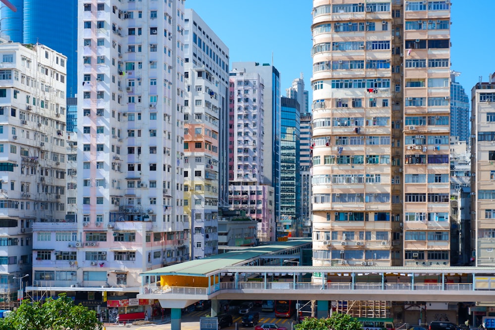 a group of tall buildings in a city