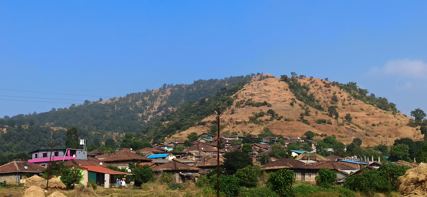 Village homes and gardens beneath a mountain