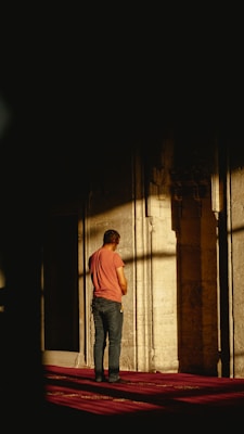 A person stands in a serene environment, partly illuminated by warm sunlight. The surrounding walls are textured and the floor is covered with red carpeting, creating a tranquil atmosphere.