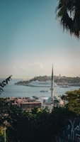 A scenic view of a coastal city with a prominent mosque in the foreground. The skyline includes a large cruise ship on the water, and a mix of historic and modern buildings. Lush greenery and palm fronds frame the scene.