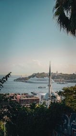 A scenic view of a coastal city with a prominent mosque in the foreground. The skyline includes a large cruise ship on the water, and a mix of historic and modern buildings. Lush greenery and palm fronds frame the scene.