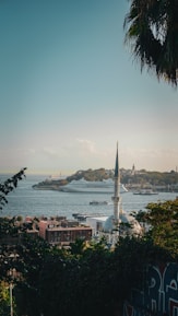 A scenic view of a coastal city with a prominent mosque in the foreground. The skyline includes a large cruise ship on the water, and a mix of historic and modern buildings. Lush greenery and palm fronds frame the scene.