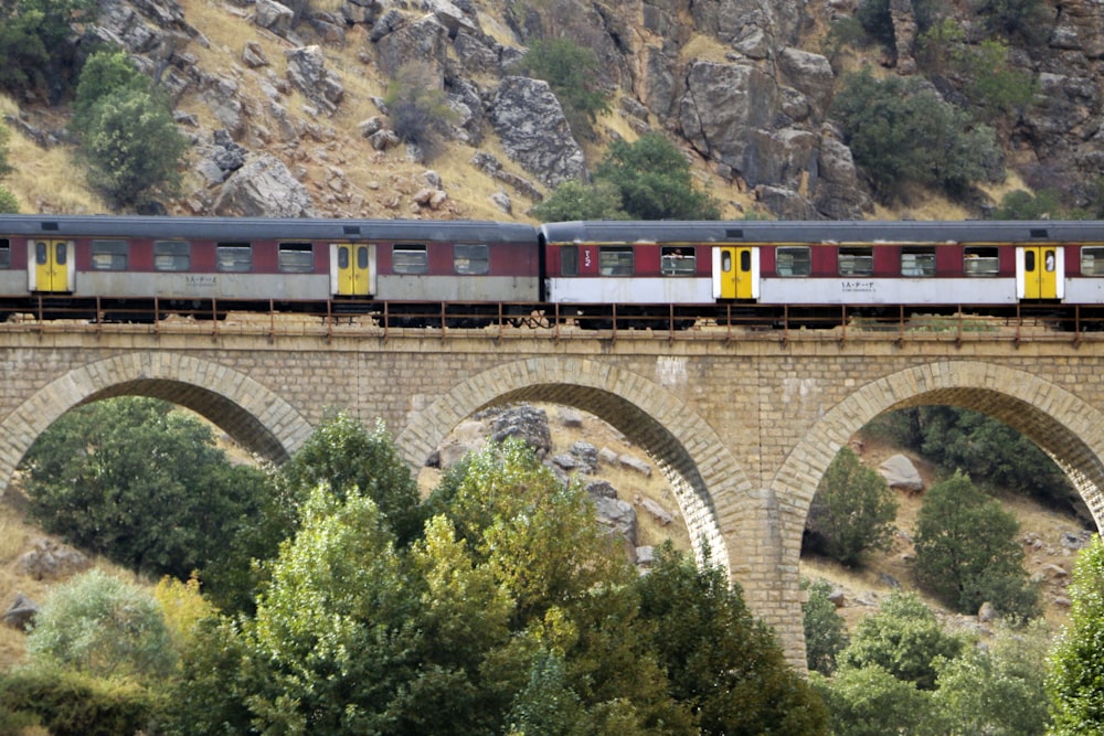 a train traveling over a bridge with a mountain in the background