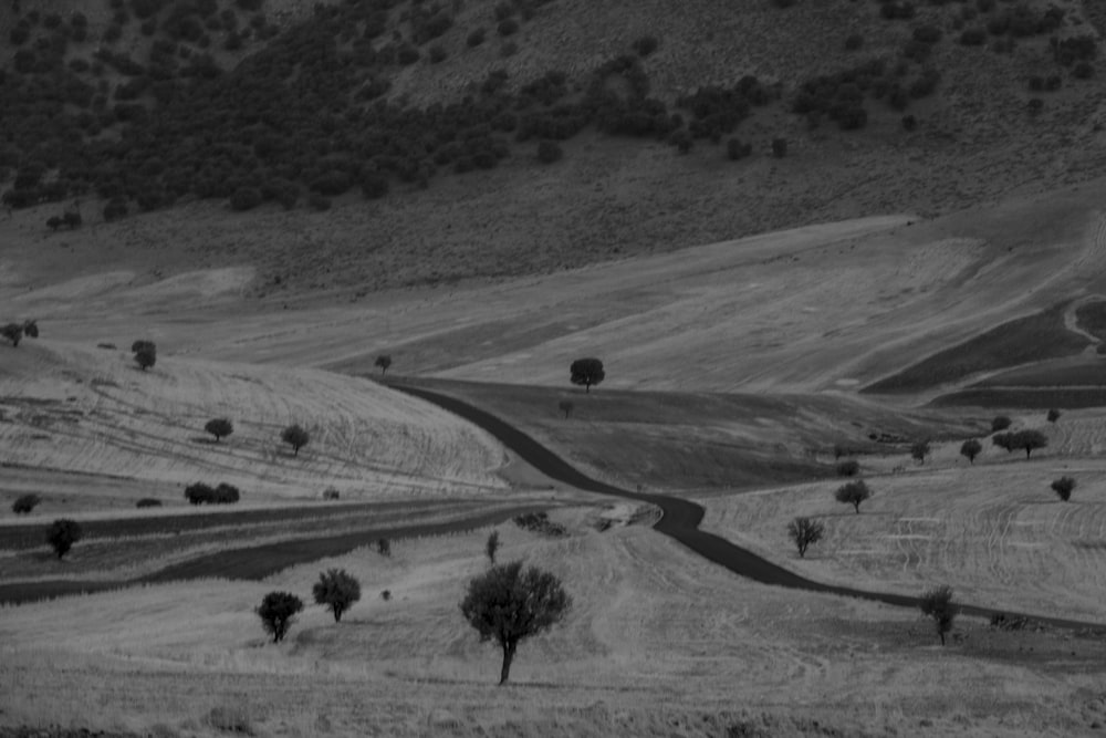 a black and white photo of a hilly area