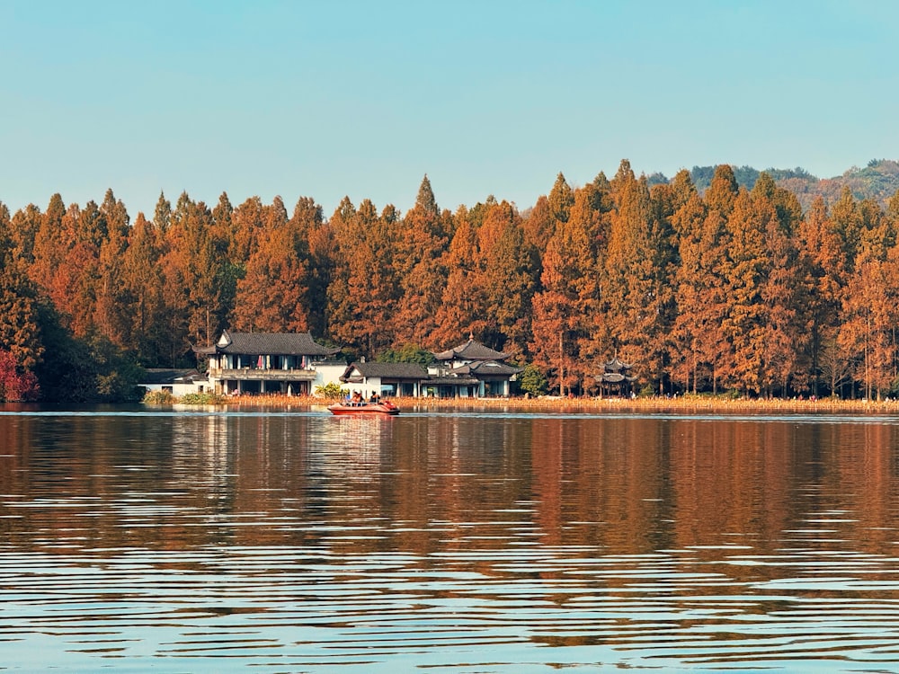 a house on a lake surrounded by trees