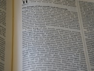 A page from a book is open, displaying text in a serif font. The focus is on a section titled 'The kings of the south and the north'. The text discusses a prophecy regarding powerful kings and their empires. The page shows multiple columns and paragraphs filled with dense text.