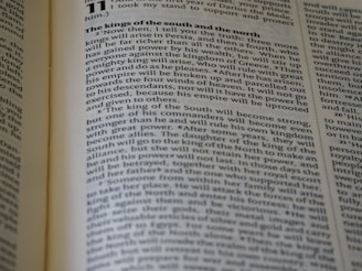 A page from a book is open, displaying text in a serif font. The focus is on a section titled 'The kings of the south and the north'. The text discusses a prophecy regarding powerful kings and their empires. The page shows multiple columns and paragraphs filled with dense text.
