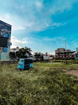 An open grassy field with a blue auto rickshaw parked near the center. In the background, there is a billboard featuring a person, some palm trees, and various buildings including a tall structure with a flat roof. The sky is predominantly clear with a few clouds and a vibrant blue hue.