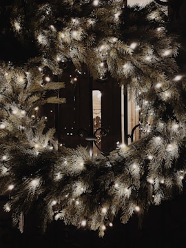 Close-up of sparkling white Christmas lights outlining a festive wreath on a front door.
