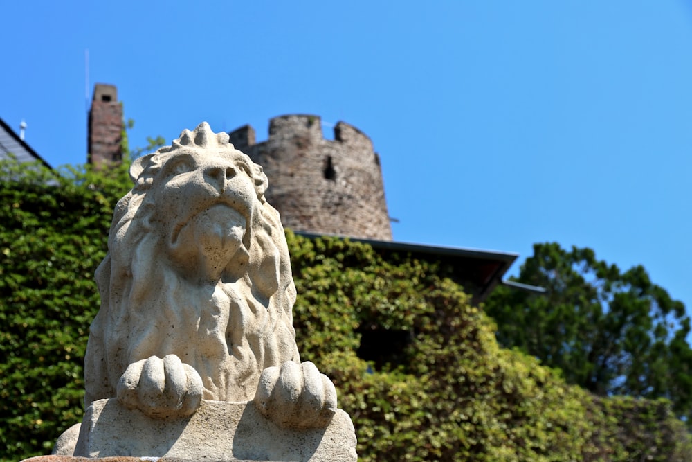 a stone lion statue in front of a castle