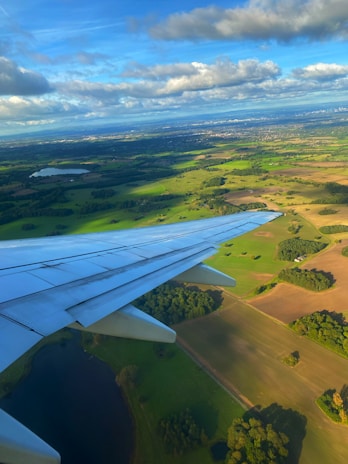 A scenic view from an airplane window during a group flight.