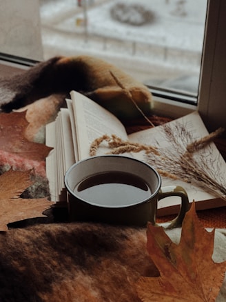 A cozy setting by a window featuring an open book, a mug of tea or coffee, dried plants, and autumn leaves. A warm blanket is partially visible, contributing to the comforting and serene atmosphere.