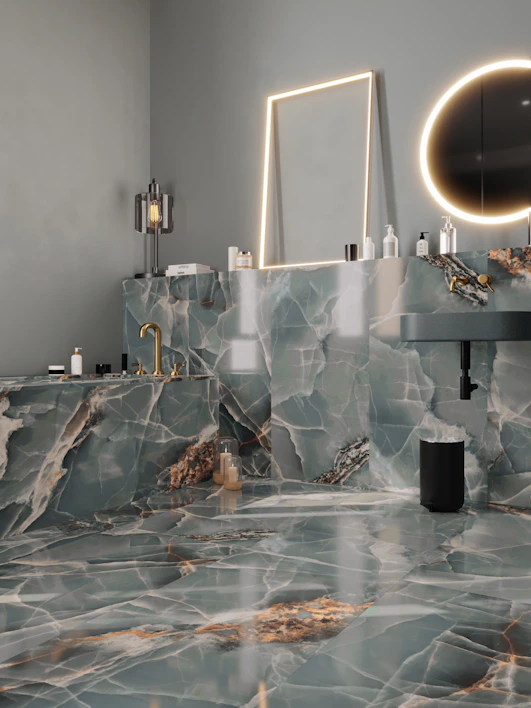 Luxurious modern bathroom with a sleek LED mirror illuminated in warm tones