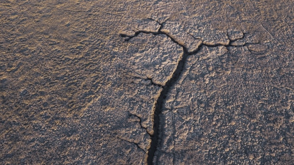A dramatic aerial view of a cracked earth surface symbolizing sudden disruption.