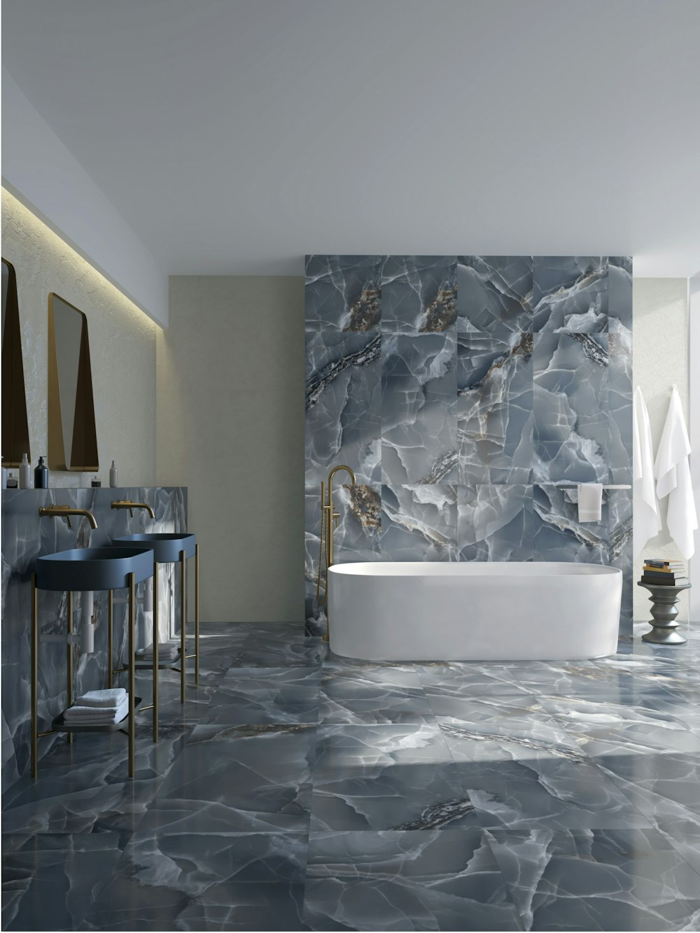 a bathroom with a marble wall and floor