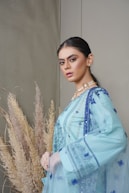 A person stands confidently in traditional attire, featuring intricate blue embroidery on a light blue fabric. The outfit consists of a long-sleeved top and a matching dupatta draped over the shoulder. The person wears elegant jewelry, including earrings and layered necklaces. Behind them, there are decorative pampas grass arrangements against a neutral wall.