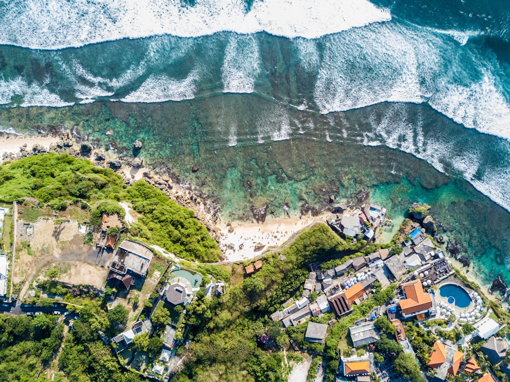 an aerial view of a beach and ocean