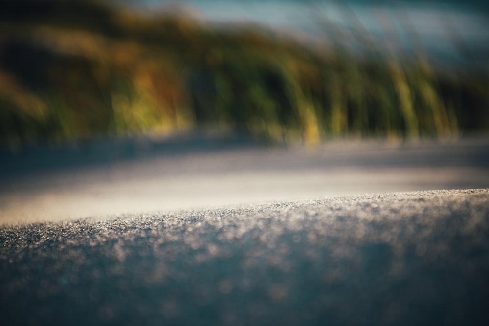 a blurry photo of a road with grass in the background